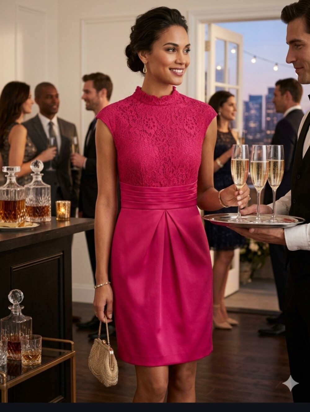 JJ’s House Cocktail Dress Hot Pink Sleeveless Lace Dress *No Size Tag - See Note